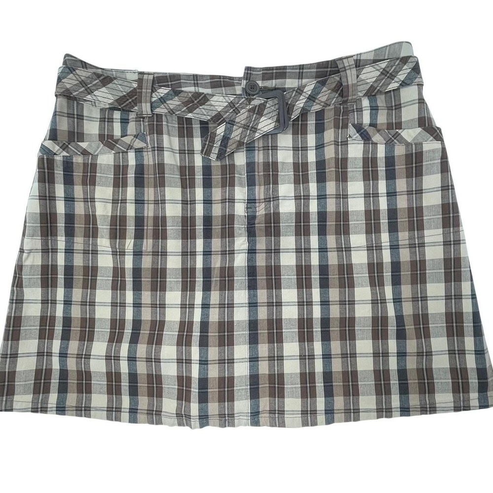 Vintage Y2K Brown Plaid Women's Mini Skirt Size 14 Belt Pockets Academia College